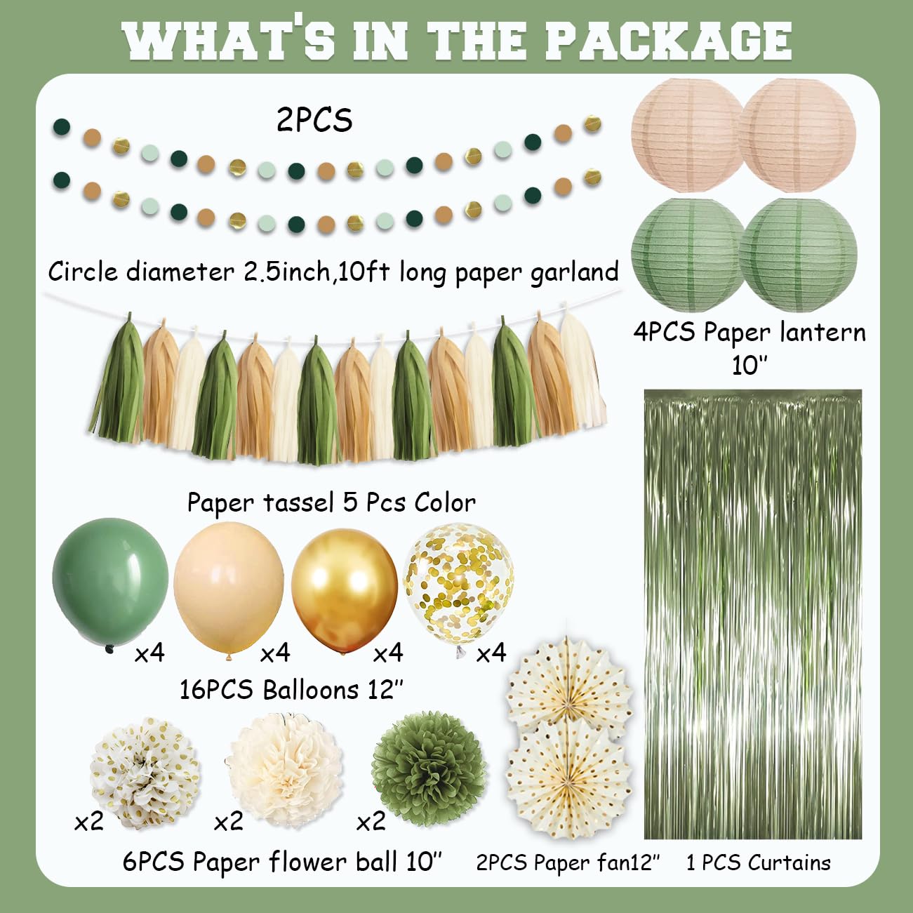 Sage Green Party Decorations Birthday Party Decorations Bridal Shower Balloons Paper Pompoms Fringe Curtain for Birthday Baby Shower Bridal Shower Supplies
