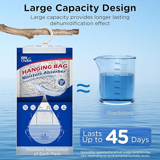 W&E Choice Moisture Absorbers Hanging Bag for Your Closet, Dehumidifier Bags for Bathroom, Fragrance Free Humidity Packs, 10 Pack