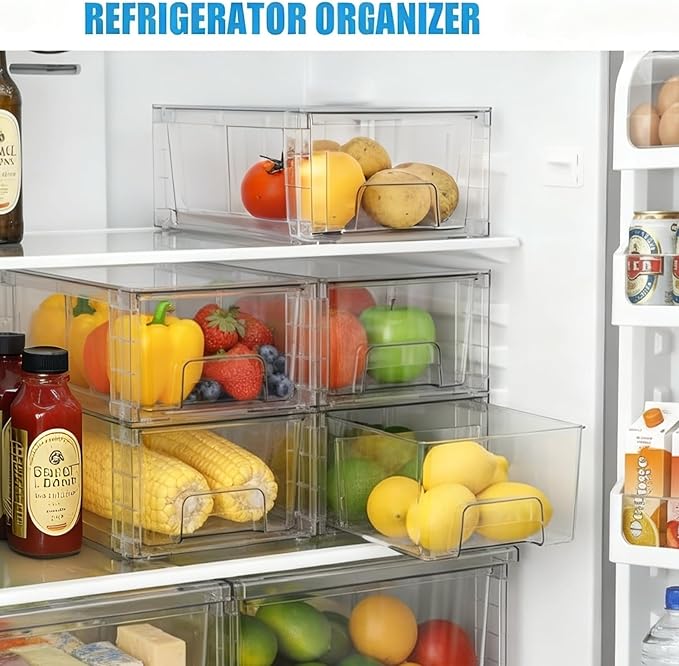 4 Pack Stackable Storage Drawers,Plastic Organizers Bins, Drawers Storage with Handles and Movable Dividers for Organization and Storage in Fridge,Dressers, Pantry, Kitchen Cabinets, Under Sink