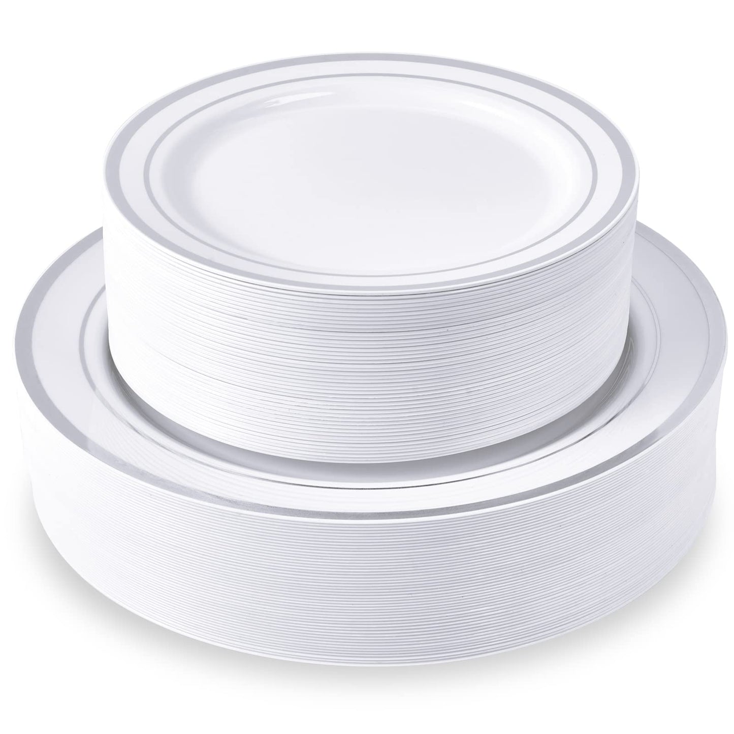JollyPack 100 Piece Disposable Silver Plastic Party Plates, Including 50 10 Inch Dinner Plates and 50 7 Inch for Dessert, Great for Parties, Weddings, Home Use, and Christmas