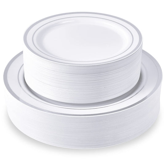 JollyPack 100 Piece Disposable Silver Plastic Party Plates, Including 50 10 Inch Dinner Plates and 50 7 Inch for Dessert, Great for Parties, Weddings, Home Use, and Christmas