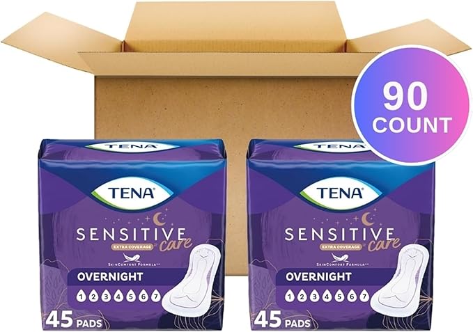 TENA Sensitive Care Incontinence Pads, Bladder Control, Postpartum for Women, Overnight Absorbency, Extra Coverage, 90 Count