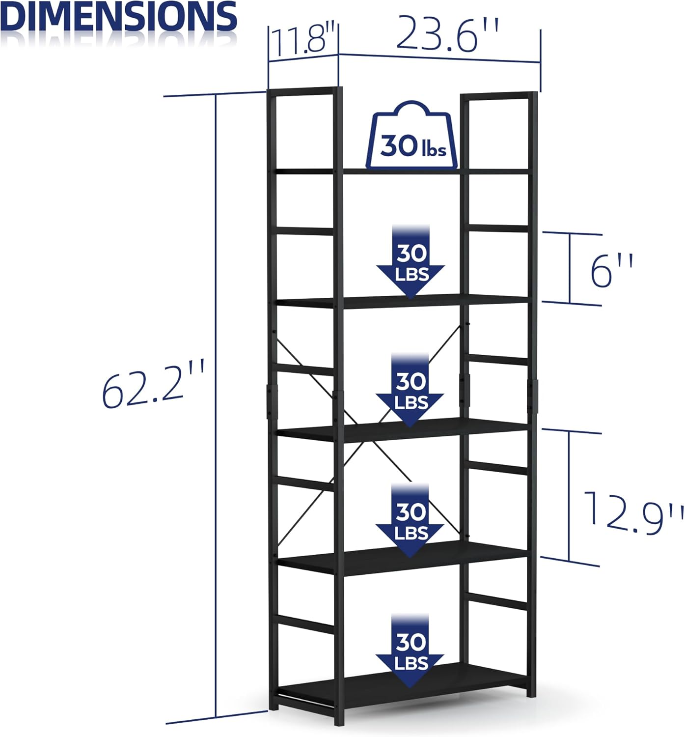 NUMENN 5 Tier Bookshelf, Tall Bookcase Shelf Storage Organizer, Modern Book Shelf for Bedroom, Living Room and Home Office, Black