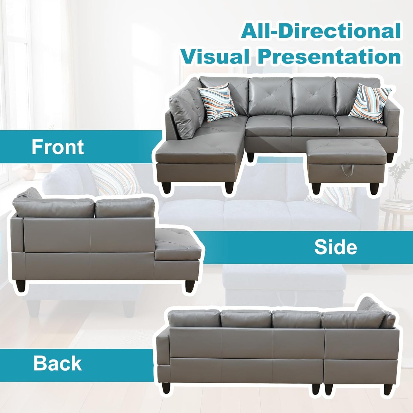 L Shaped Couch Faux Leather Sectional Couch Upholstered 3 Pieces Sofas for Living Room with Chaise, Storage Ottoman for Office and Small Apartment, Dark Grey