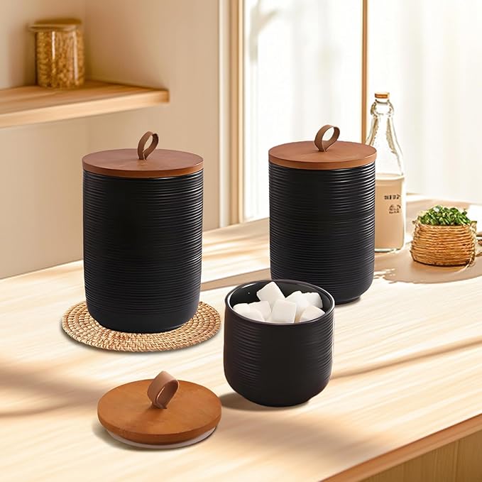 Food Storage Jar Strong Ceramic Storage Canisters with Airtight Wooden Lid,Kitchen Storage Containers for Serving Coffee Beans, Tea, Sugar, Salt, Spices (Medium black 27oz)