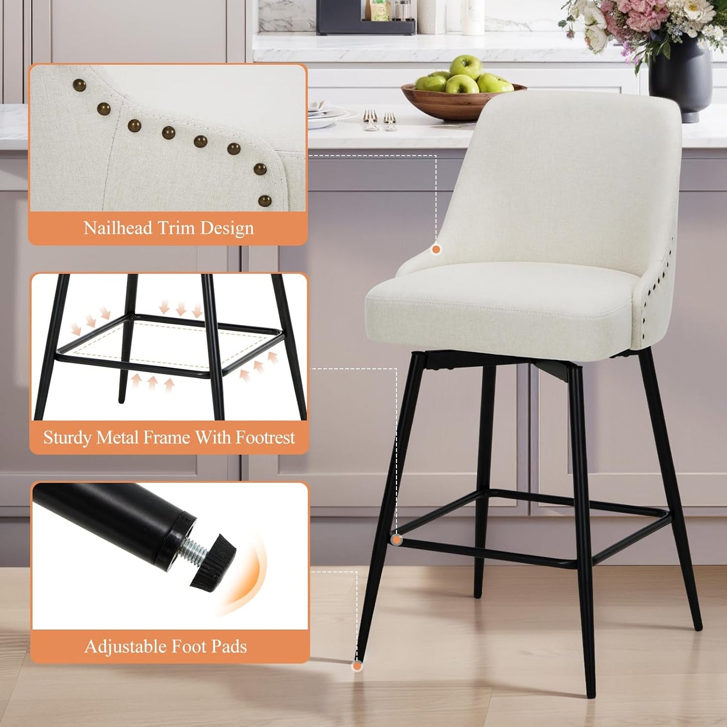 COLAMY Bar Stools Set of 2, 26.18" Counter Height Swivel Stools with Thick Padded Seat, Adjustable Footrest & 360° Rotation, Soft Fabric Upholstery for Kitchen Island/Home Bar/Cafe, Beige
