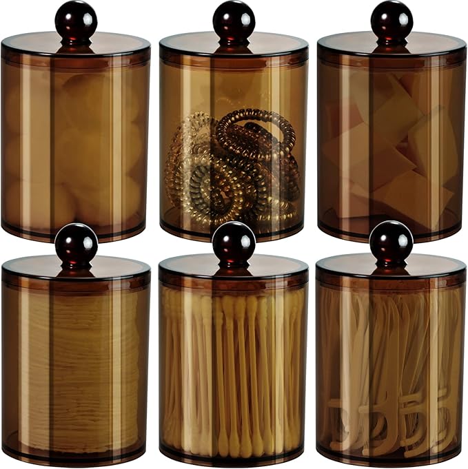 SheeChung 6 Pack Qtip Dispenser Apothecary Jars Bathroom with Labels - Qtip Holder Storage Canister Clear Plastic Acrylic Jar for Cotton Ball, Swab, Rounds,Floss Picks, Hair Clips (Amber)