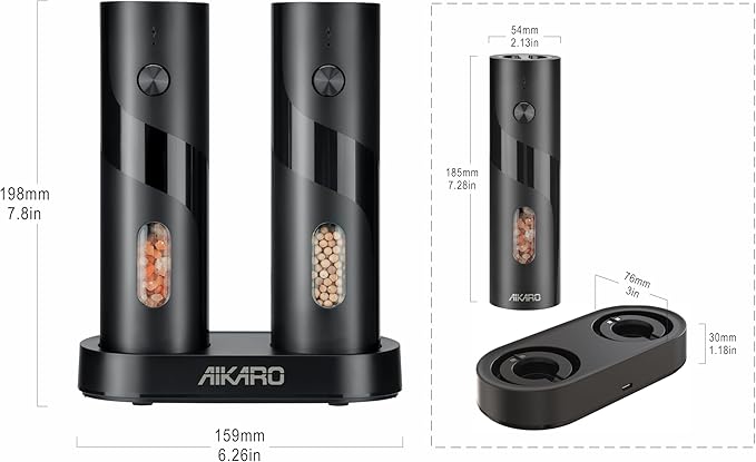 AIKARO - Electric Salt and Pepper Mill Automatic Spice Grinder, Rechargeable (Set)