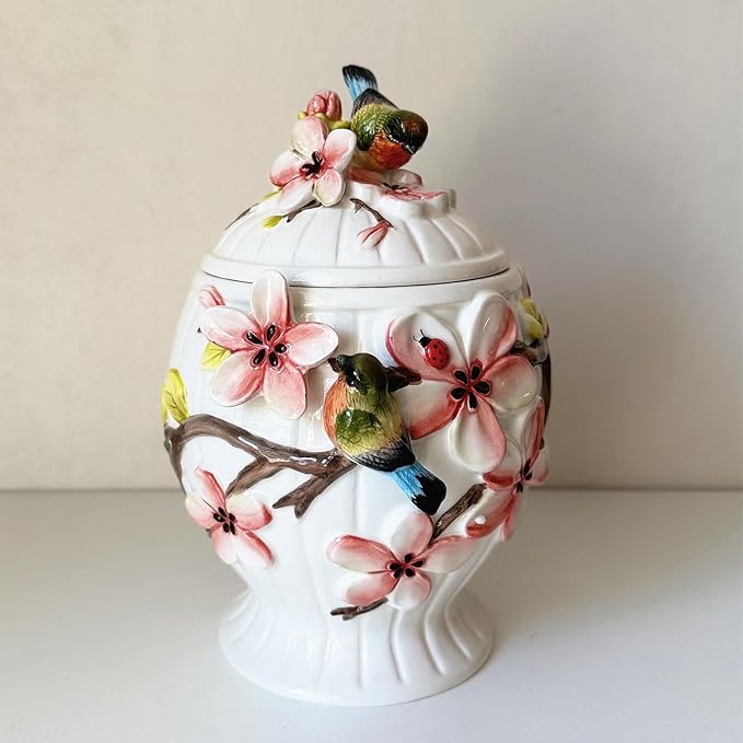Ceramic Food Storage Containers with Lids, 3D Hand-painted Magnolia Flower and Bird for Home Kitchen Countertop Decorative Collection Jars