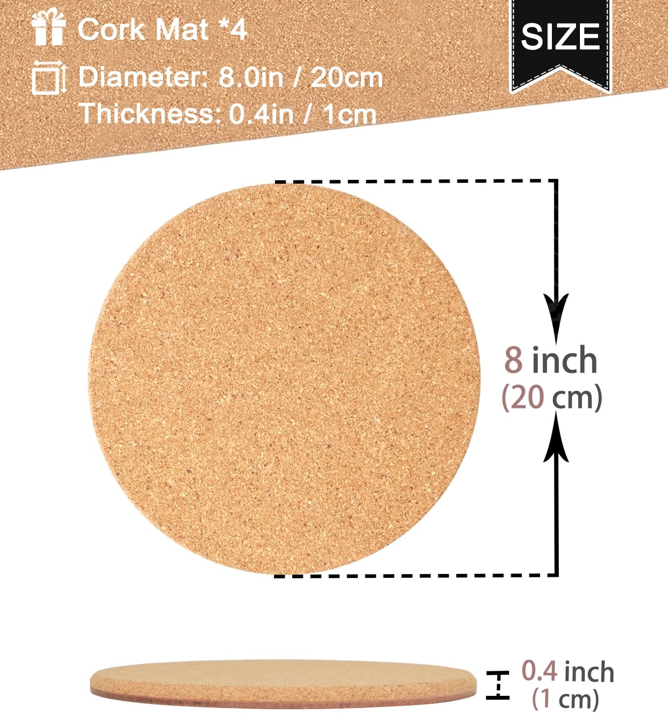Cork Plant Coasters, Double Layers Hard Thick Cork Planter Coaster, 8 Inch Absorbent Cork Plant Mats, Cork Trivets for Hot Dishes, Cork Plant Coasters for House Plants, 4 Pcs