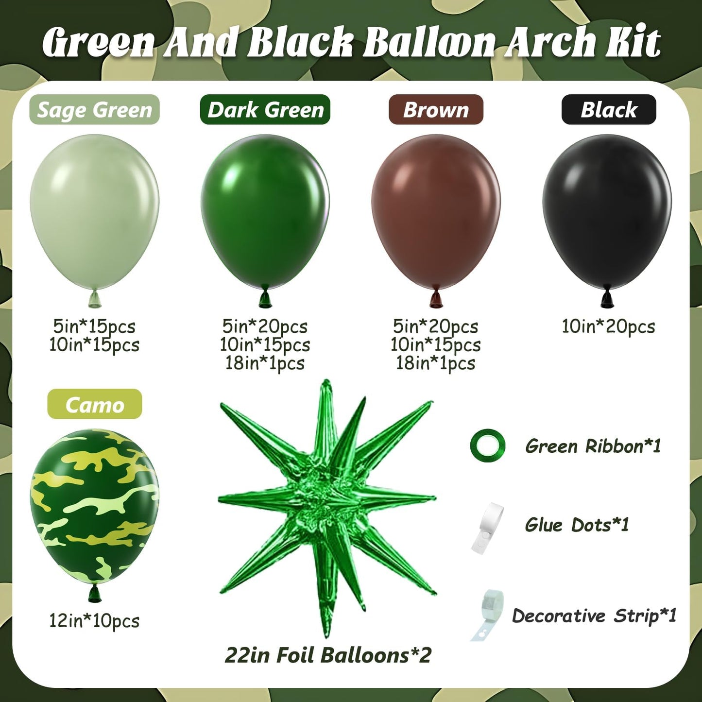137pcs Camo Balloon Arch Garland Kit, Dark Green and Brown Balloon Arch Kit with Brown Sage Green Black Foil Balloons for Jungle Hunting Camo Birthday Party Decorations