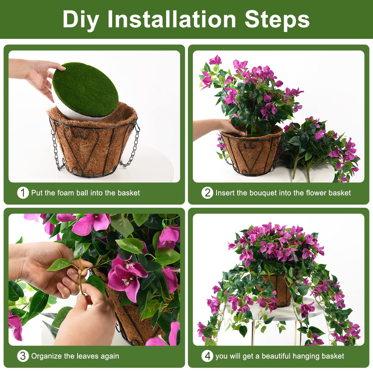 Homsunny Artificial Hanging Flowers Plants Basket for Outdoor Decoration,4 PCS Faux Silk Bougainvillea Vine Flowers Look Real UV Resistant for Outside Porch Patio Yard Garden Decor (Purple)