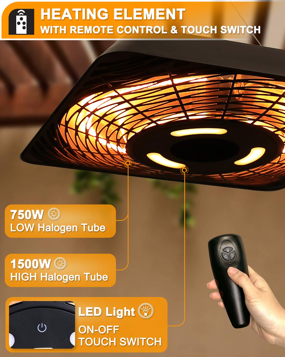 Star Patio Electric Patio Heater, Outdoor Heater with Remote and Touch Switch, 750W/1500W Infrared Hanging Heaters with SQUARE SHAPE Black Finish, IP45 Waterproof, STP1568-RMLED-SQN2025