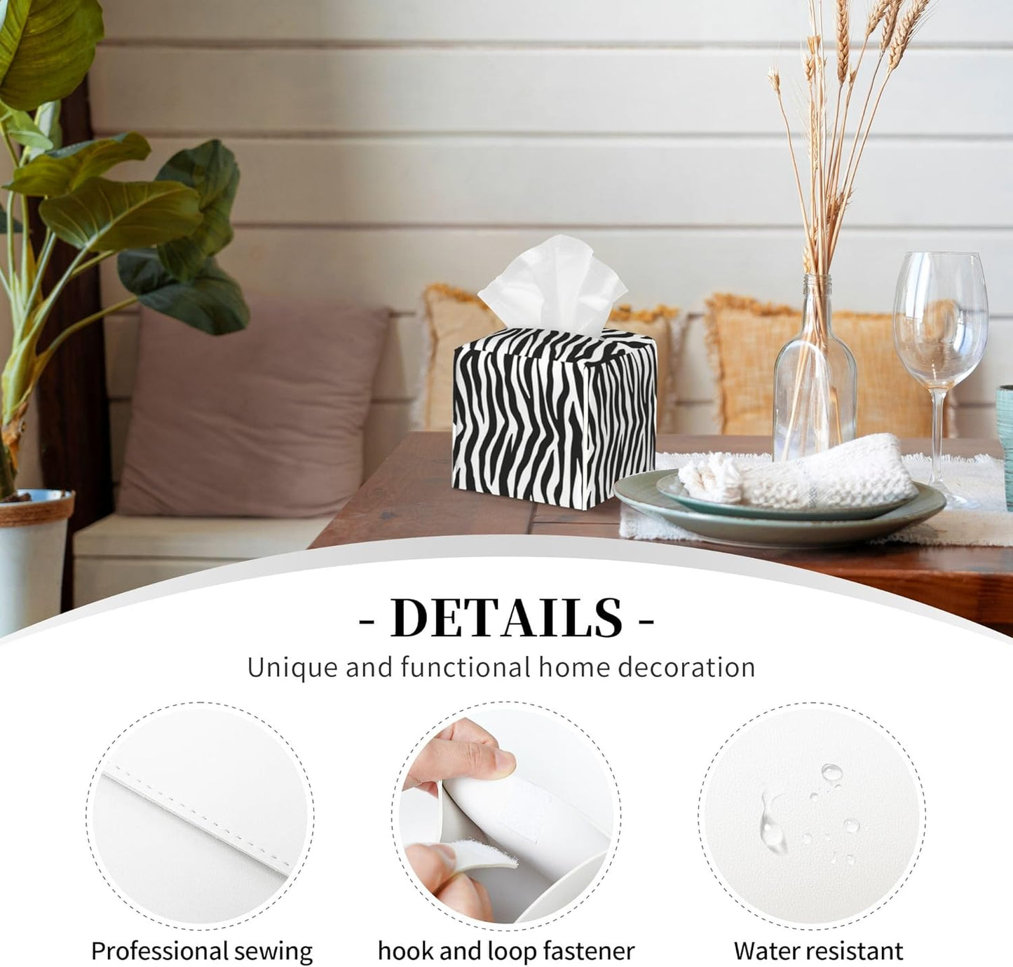 Zebra Stripes Tissue Box Cover Square,Black and White Stripe Tissue Box Holder Waterproof Leather Facial Paper Organizer Dispenser for Bathroom Home Car Nightstand Vanity Desk