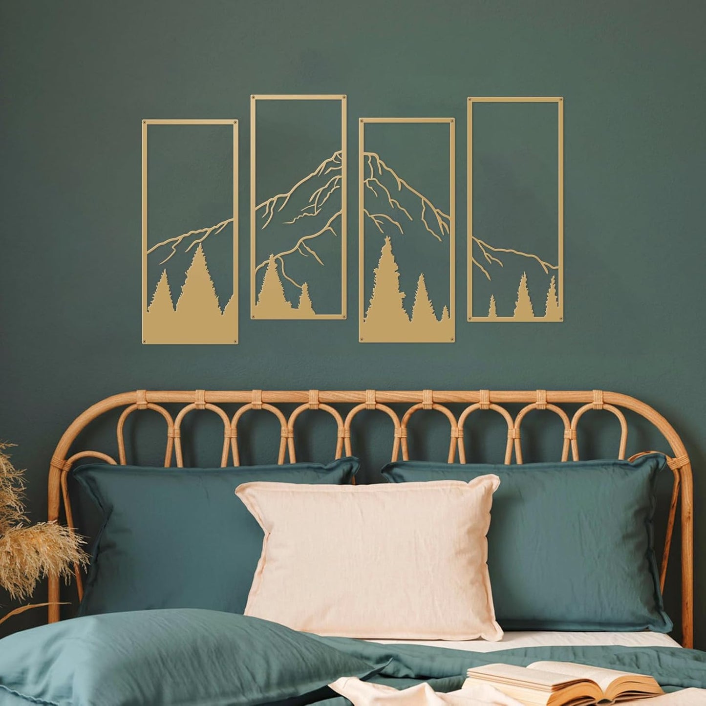 ruelen 4 Pcs Metal Mountain and Forest Wall Decorations Line Drawing Wall Art Minimalist Wall Decor Rustic Nature Home Wall Art Sculpture for Home Bedroom Bathroom Office Living Room (Gold, Large)