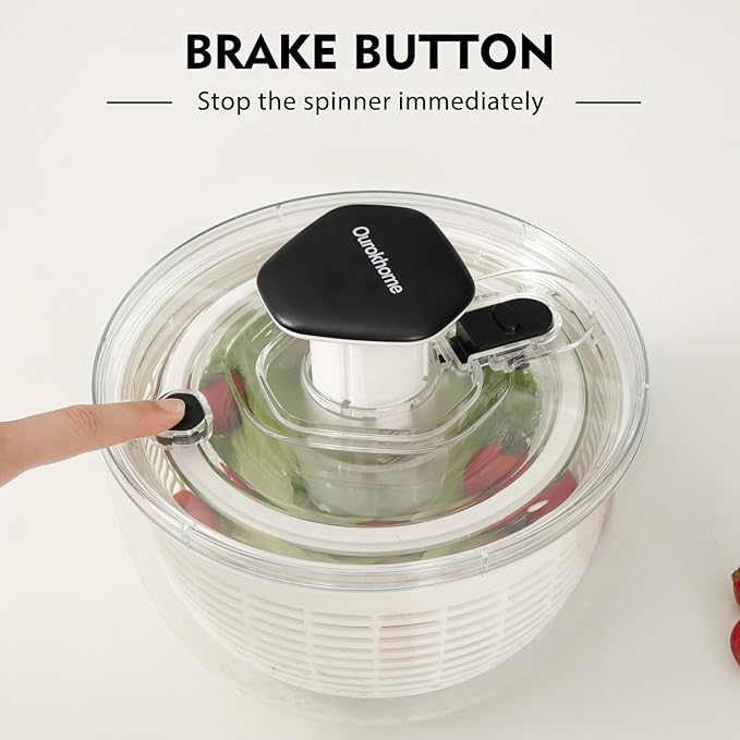 Ourokhome Salad Spinner Lettuce Dryer, One-handed Easy Press Large Vegetable Dryer Salad Mixer with Comfortable and Retractable Pusher and Brake Button for Greens, Herb, Berry, Fruits, 3.8 QT, Black