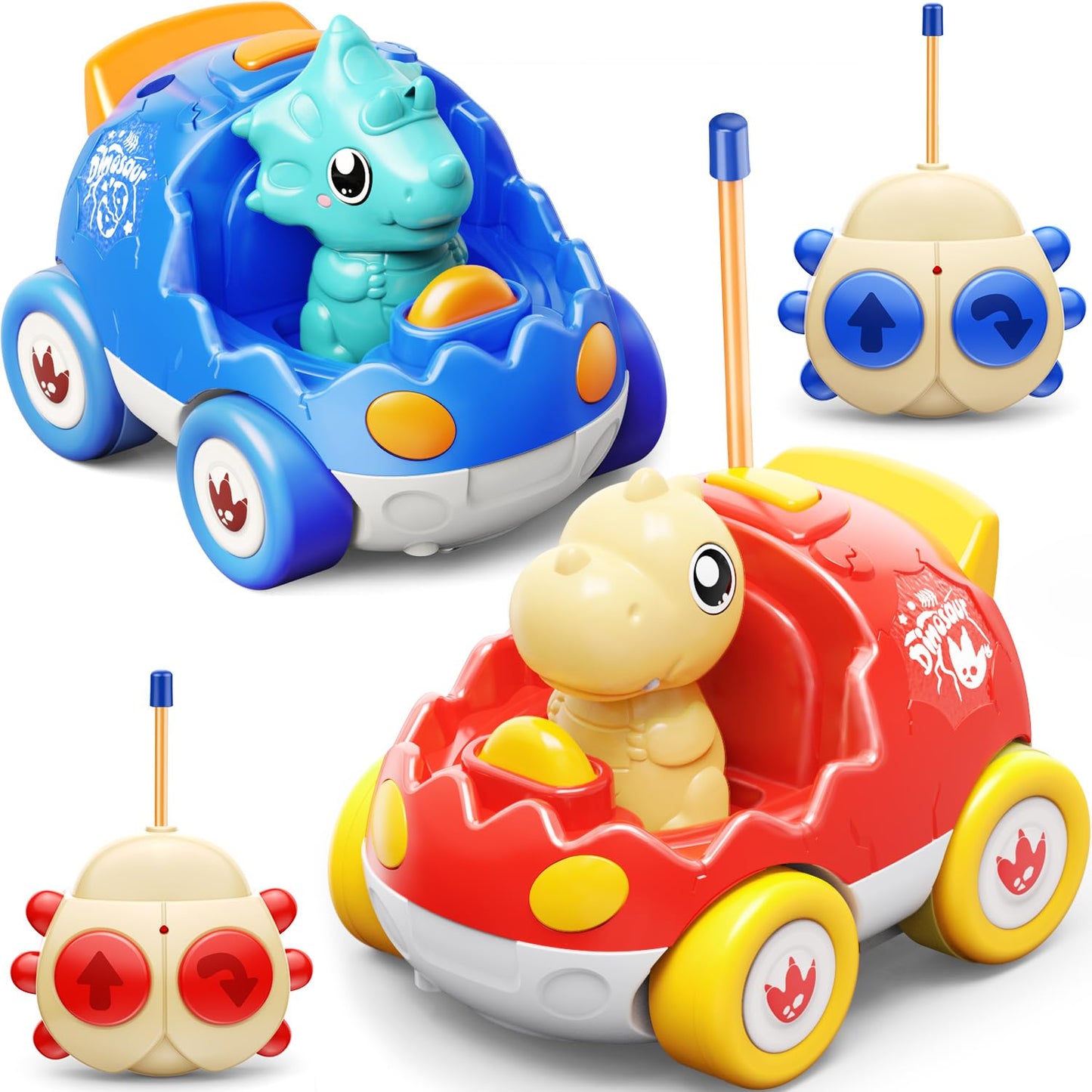 Kidz do 2 Pack Dinosaur Remote Control Cars Toys for Kids 2 3 4 5 Years Old, Easter Present Birthday Gifts for Boys and Girls Ages 2-5, Dino Race Car Toddlers Toys with Music and Light(Red Blue)