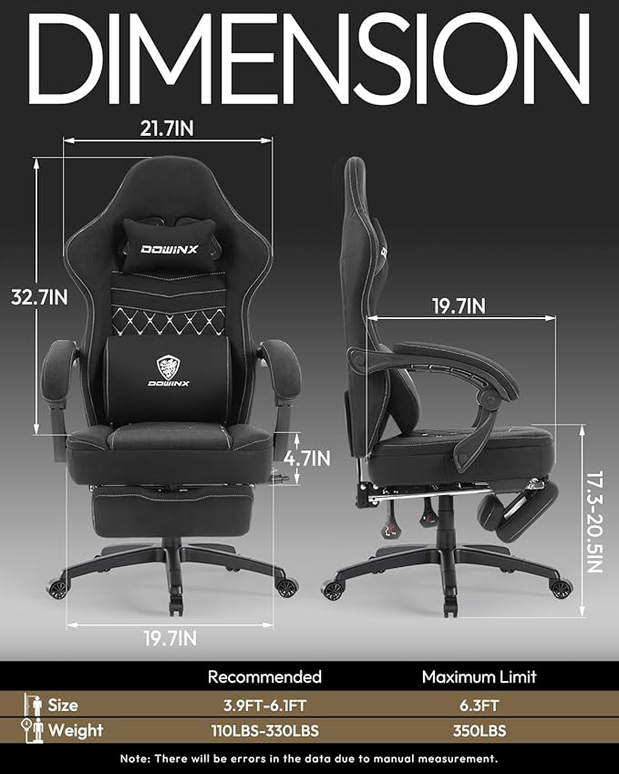 Dowinx Gaming Chair with Footrest, Breathable Fabric Gamer Chair with Gel Pad and Storage Bag, Ergonomic Office Chair with Lumbar Support for Home Task, Black