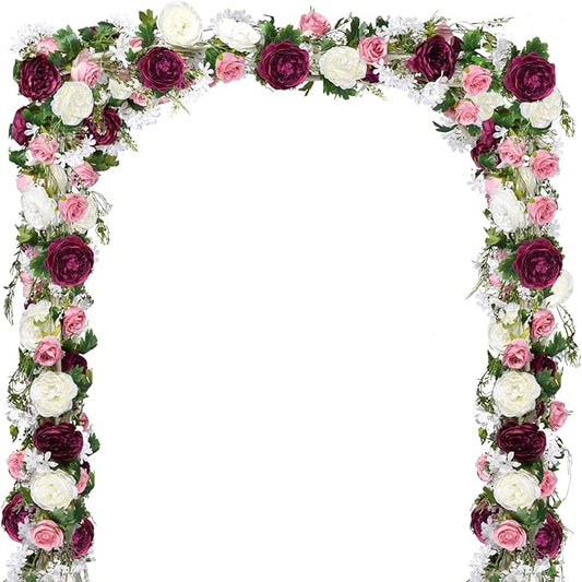 2 Pack Artificial Peony Garland - 6ft Silk Flower Vine Purple and White Roses for Wedding Arch Party Table Decor