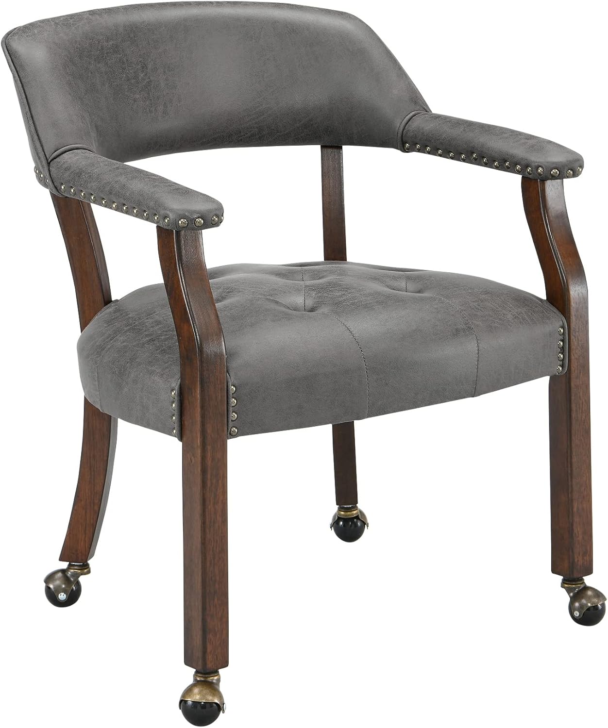 LEEMTORIG Large Dining Chairs with Casters and Arms, Rolling Dining Chairs with Wheels, Accent Wood Boss Caption's Chairs, 26" D x 25.2" W x 31.5" H, Cherry Legs & Dark Grey Fabric SY-1533-GY