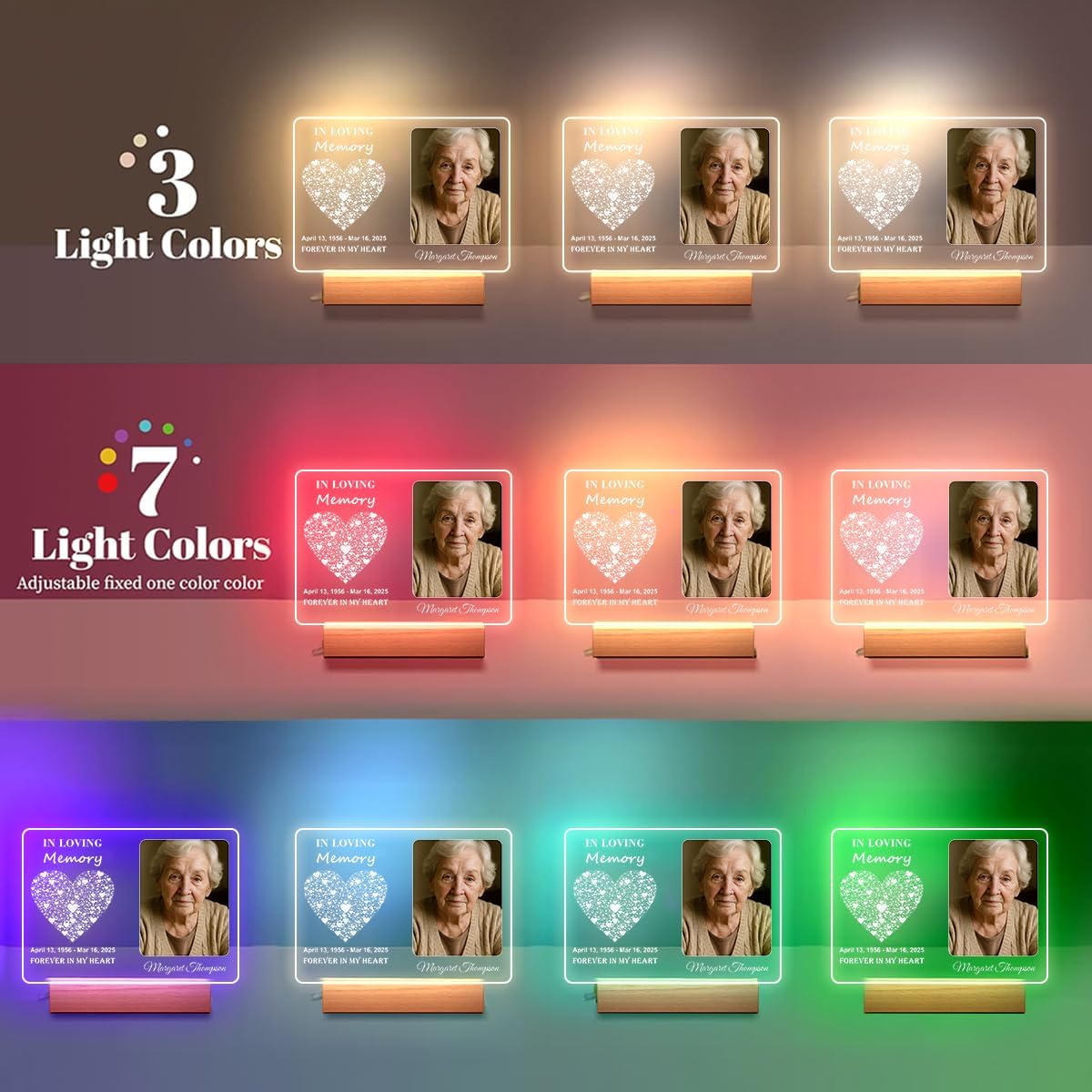 Personalized Memorial Picture Frame Night Light Lamp, Sympathy Gift for Loss of Loved One, in Memory of Dad, Mom, Husband, Sister, Friend, Funeral Mourning Ideas