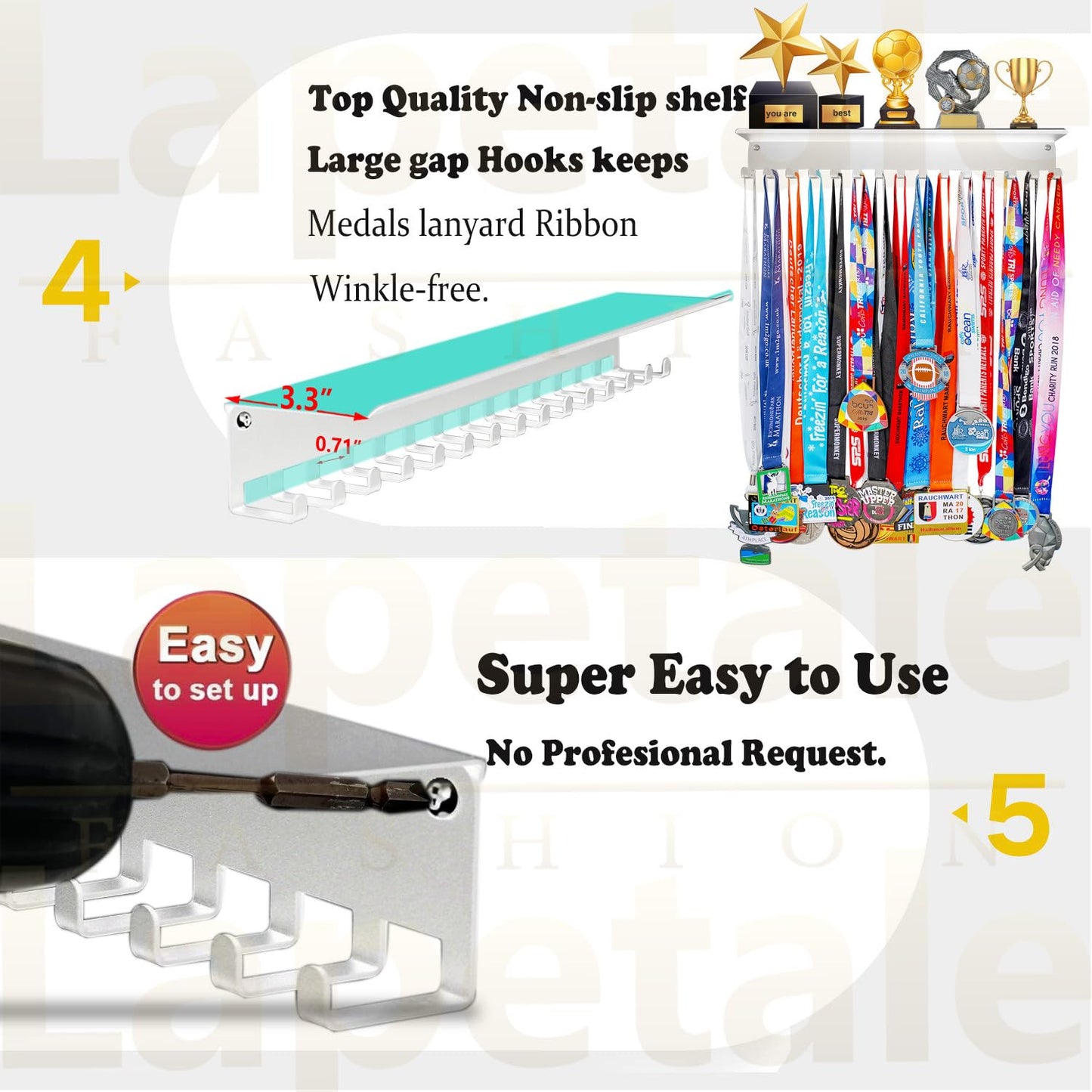 Lapetale Fashion Non-Slip White Trophy Shelf - 16 Inch Medal Hanger Display for Wall with Upgraded Shelves for Trophies, Gymnastics, Soccer, Swim