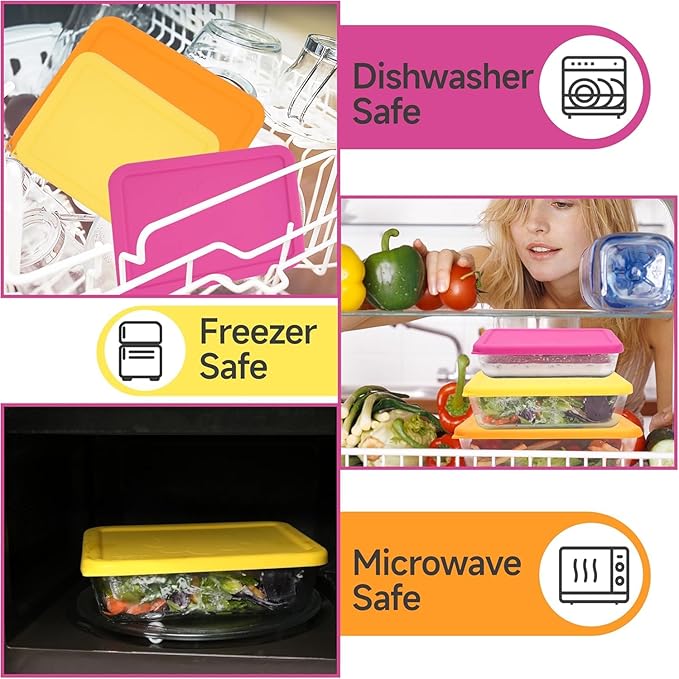 3 Cup 6 Cup 11 Cup Rectangle Silicone Storage Cover Lids Replacement for Pyrex 7210-PC, 7211-PC, 7212-PC Glass Bowls, (Container not Included) 3 Pack, Microwave, Dishwasher and Freezer Safe