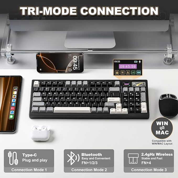 YUNZII IF99 Wireless Mechanical Gaming Keyboard with Smart LCD Display, QMK/VIA Programmable BT/2.4G/USB-C Gasket Mounted Hot Swap RGB 96% Layout for Mac/Win (Black, Cocoa Cream V2 Switch)