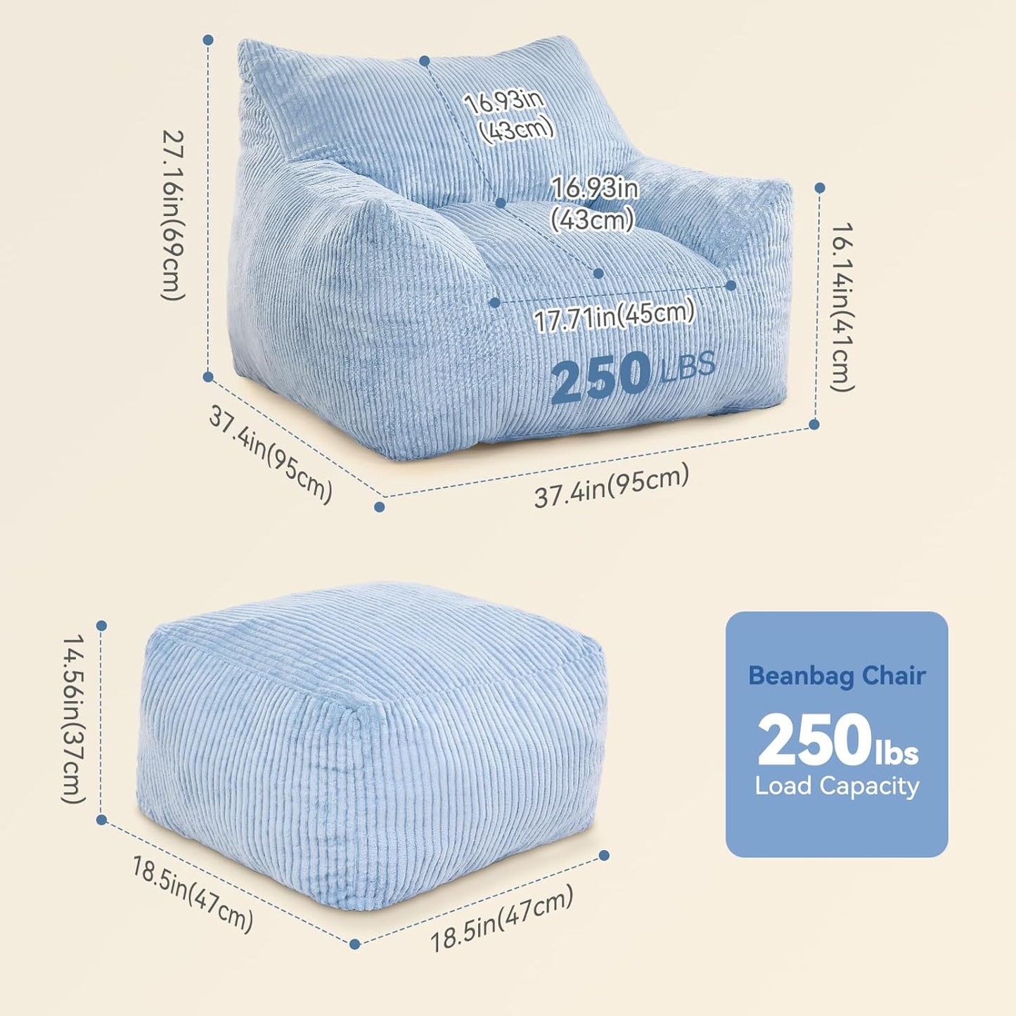 INMOZATA Bean Bag Chair for Adults, 3FT Beanbag Chairs with Ottoman Pre-Filled Fluffy Lazy Chair Corded Fabric Accent Chair for Bedroom Living Room Dorm (Light Blue)