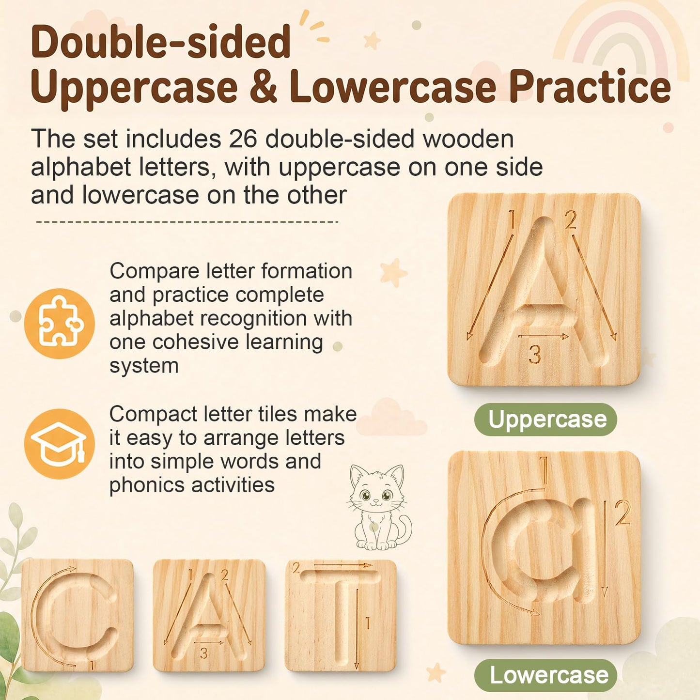 Jaloro Alphabet Tracing Board for Kids Montessori Wooden Letter Tracing Set, 26 Double Sided Uppercase & Lowercase Boards with Arrows, Handwriting Practice Toy with Stylus & Storage Box