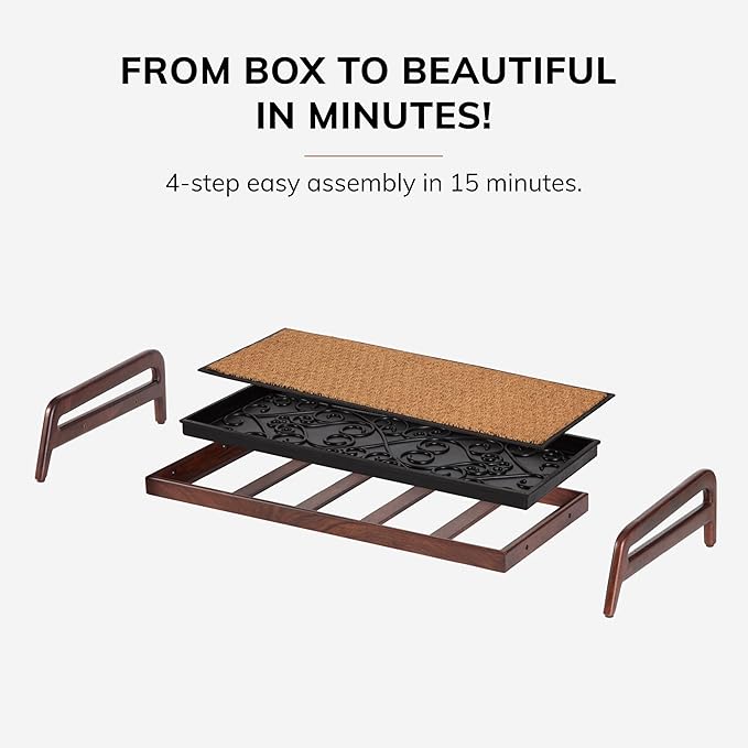 Anji Mountain Heavy Duty Waterproof Wooden Shoe Storage Mat Organizer/Boot Storage Tray Multi Use for Entryway with Coir, Tan and Ivory Insert, 1 Tier, Fits 3 Pair (36.5" Wide)