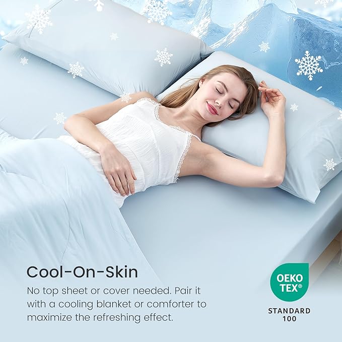 Cozy Bliss Premium Cooling Sheet Set King Size, Q-Max>0.4, 3PCS No Flat Sheet with 2 Pillowcases, Breathable Fitted Sheet for Hot Sleepers & Night Sweats, Deep Pocket Up to 18 Inches, Cool Blue