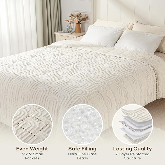 Cottonblue Weighted Blanket for Adults Queen Size 15 lbs, Soft Fluffy Sherpa Fleece Jacquard Weighted Blankets Throw 60" x 80" for Sleep Relax, Fuzzy Warm Arch Heavy Blanket for Bed Couch, Cream White