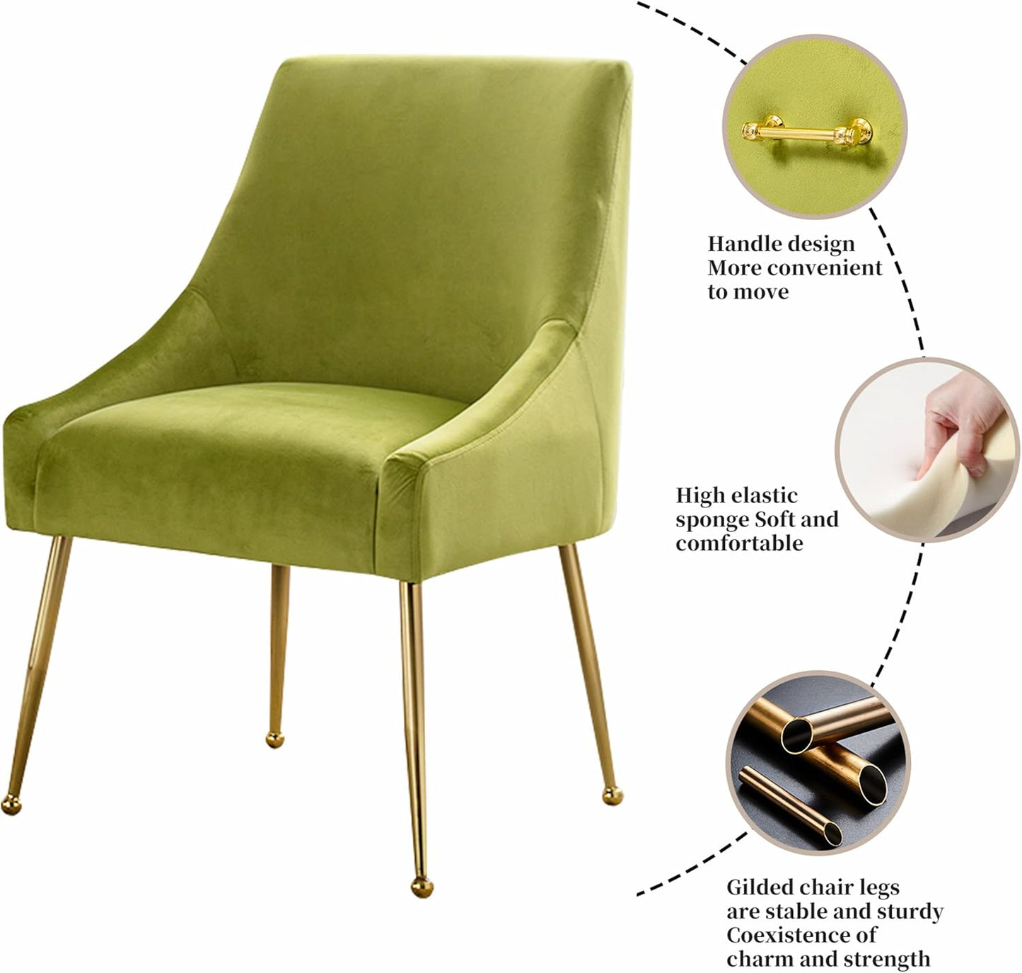 Modern Velvet Dining Chairs Set of 4, Contemporary Upholstered Furniture Collection with Polished Gold Metal Legs, Elegant Accent Chairs for Kitchen Living Room(Yellow Green)