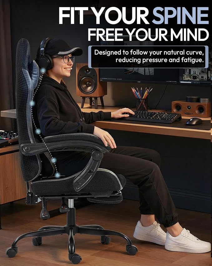Gaming Chair with Footrest, Ergonomic 330lbs Leather Mesh Chair, Massage Lumbar Support, Adjustable Height & Headrest Pillow, Breathable Seat for Office, Home, Streaming, Long Gaming Sessions, Onyx