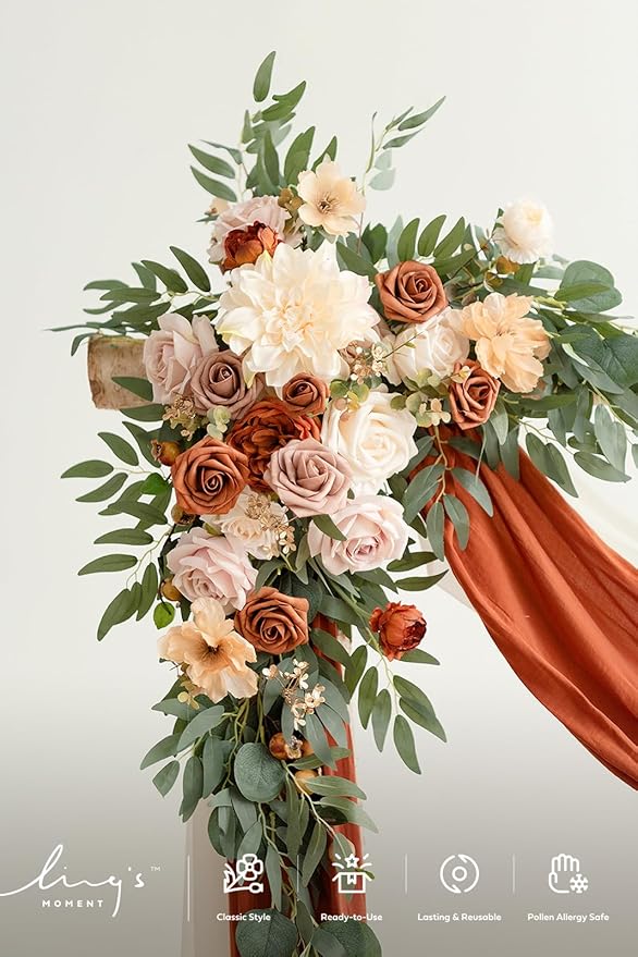 Ling's moment Fall Artificial Wedding Arch Flowers Kit Pack of 4, 2pcs Hanging Flower Arrangement 2pcs Drapes Ceremony Rose Arbor Backdrop Brunt Orange Terracotta Floral Party Autumn Outdoor Decor