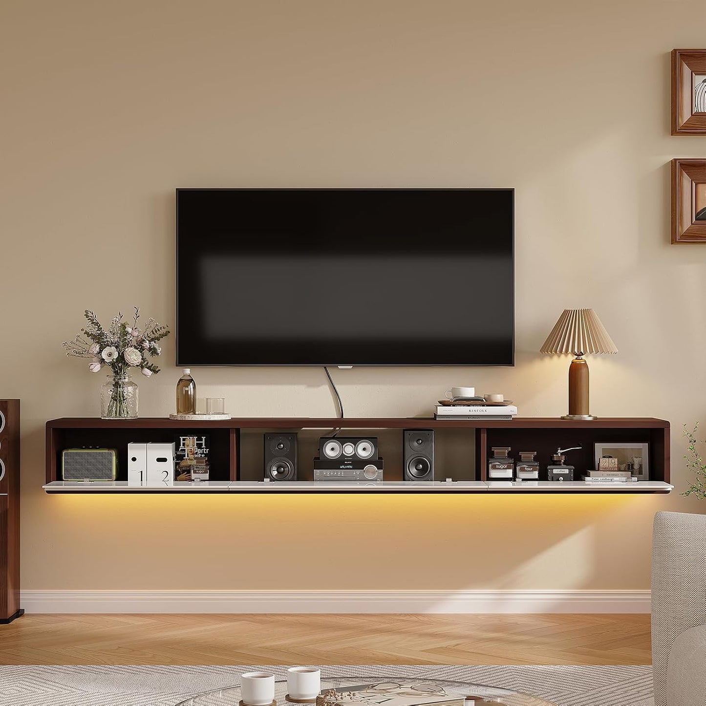 Floating TV Stand High Gloss,86'' Wall-Mounted TV Cabinet,Floating TV Console,Under TV Shelf with 3 Doors for Living Room Bedroom(Walnut+White)