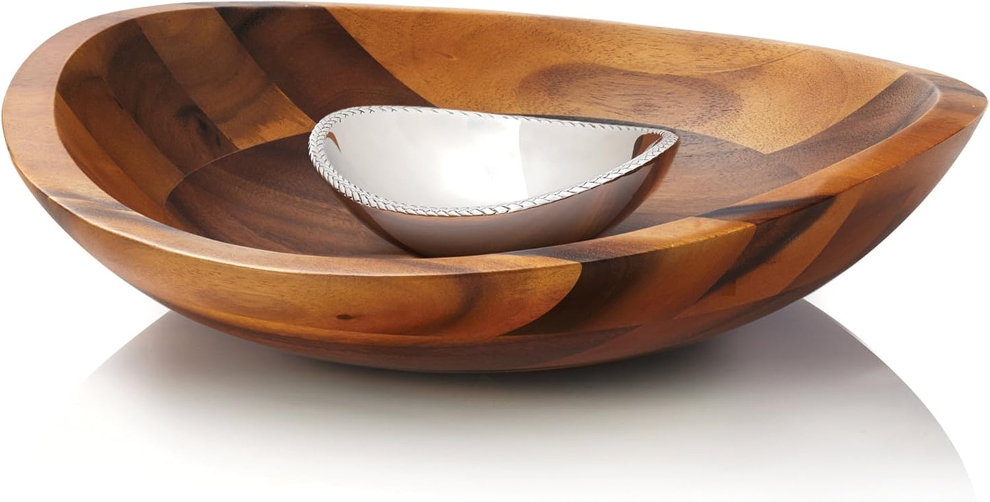 Nambe Braid Chip & Dip Server, 16-Inch - Modern Scandinavian Entertaining Bowl with Removable Alloy Dip Dish, Acacia Wood Serving Tray with Sculpted Braid Detailing - Salsa & Fruit Entertaining Bowl