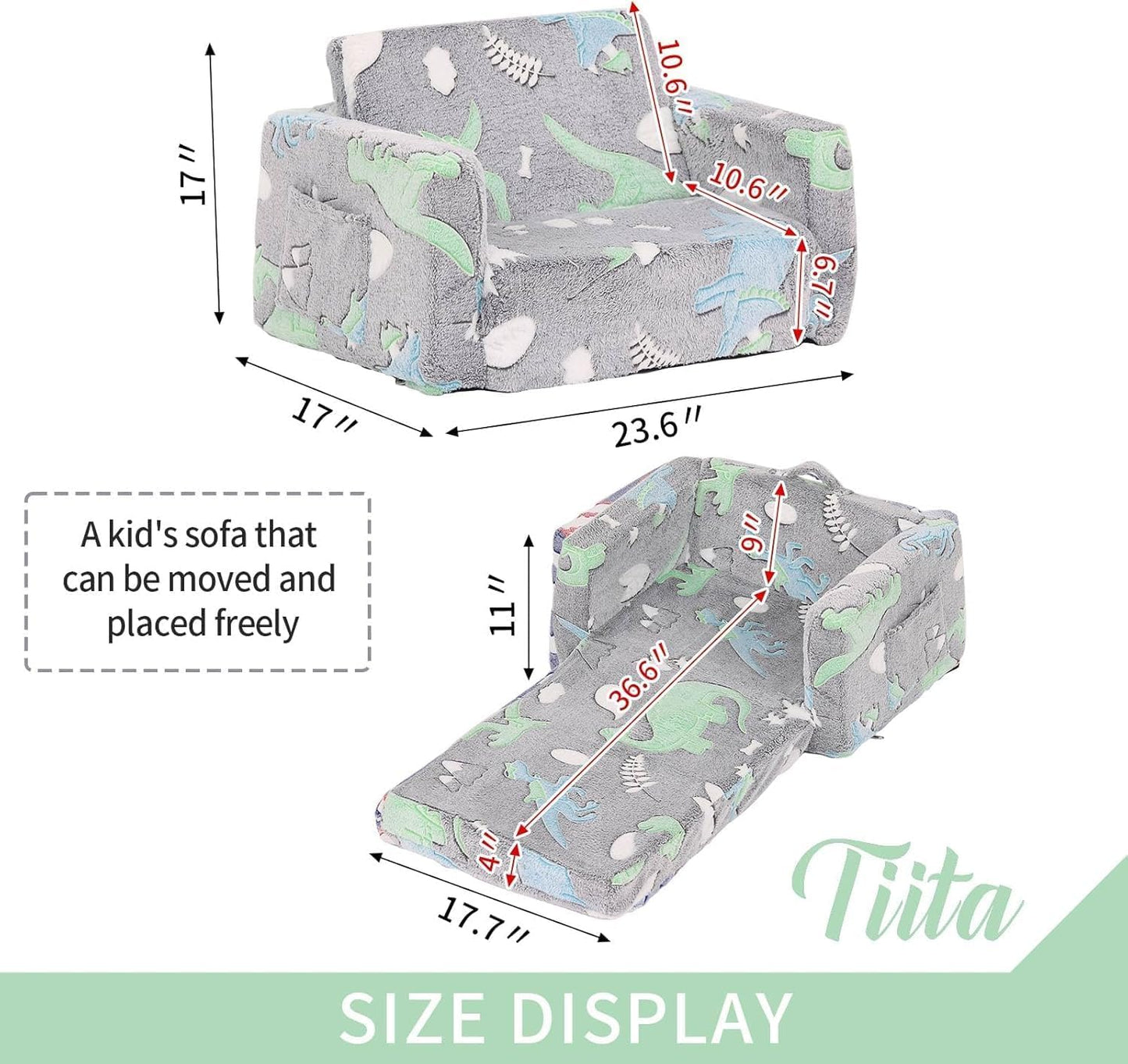 Tiita Kids Sofa, 2-in-1 Kid Chair, Convertible Toddler Couch to Lounger, Flip Out Baby Sofar, Toddler Armrest Chair Bed, Folding Kids Play Sofa for Girl or Boy(Dark Grey Dinosaur)