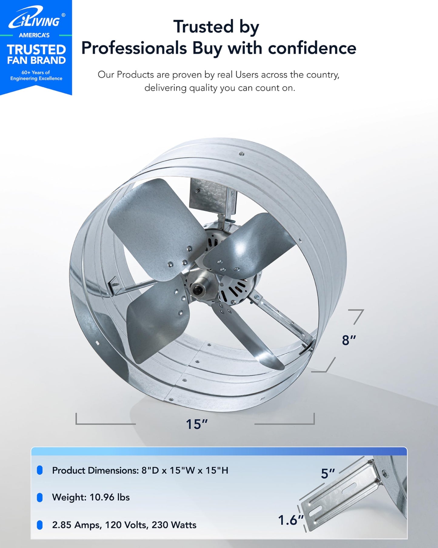 Iliving Ilg8G14-12T Automatic Gable Mount Attic Ventilator Fan With Adjustable Thermostat, 2.85 Amp, 2339 Cfm, Single-Speed