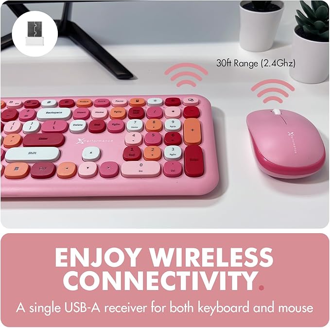 X9 Pink Cute Wireless Keyboard and Mouse Combo - 2.4G Retro Typewriter-Style with Aesthetic Bubble Keys - Colorful Hot Pink Keyboard and Mouse Wireless Combo for PC, Laptop, Windows & Chrome