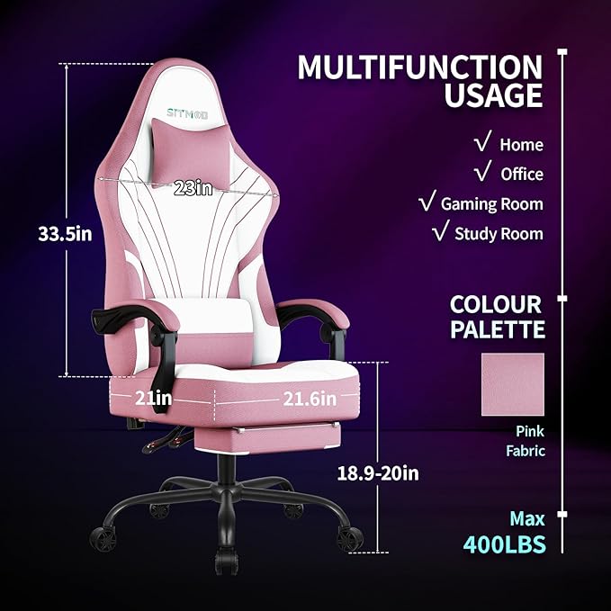 Gaming Chair Fabric, Ergonomic Computer Chair with Footrest, Video Gamer Chair with Pocket Spring Cushion,Linkage Armrests and Headrest Lumbar Support,Swivel Height Adjustable Office Chair for Adults