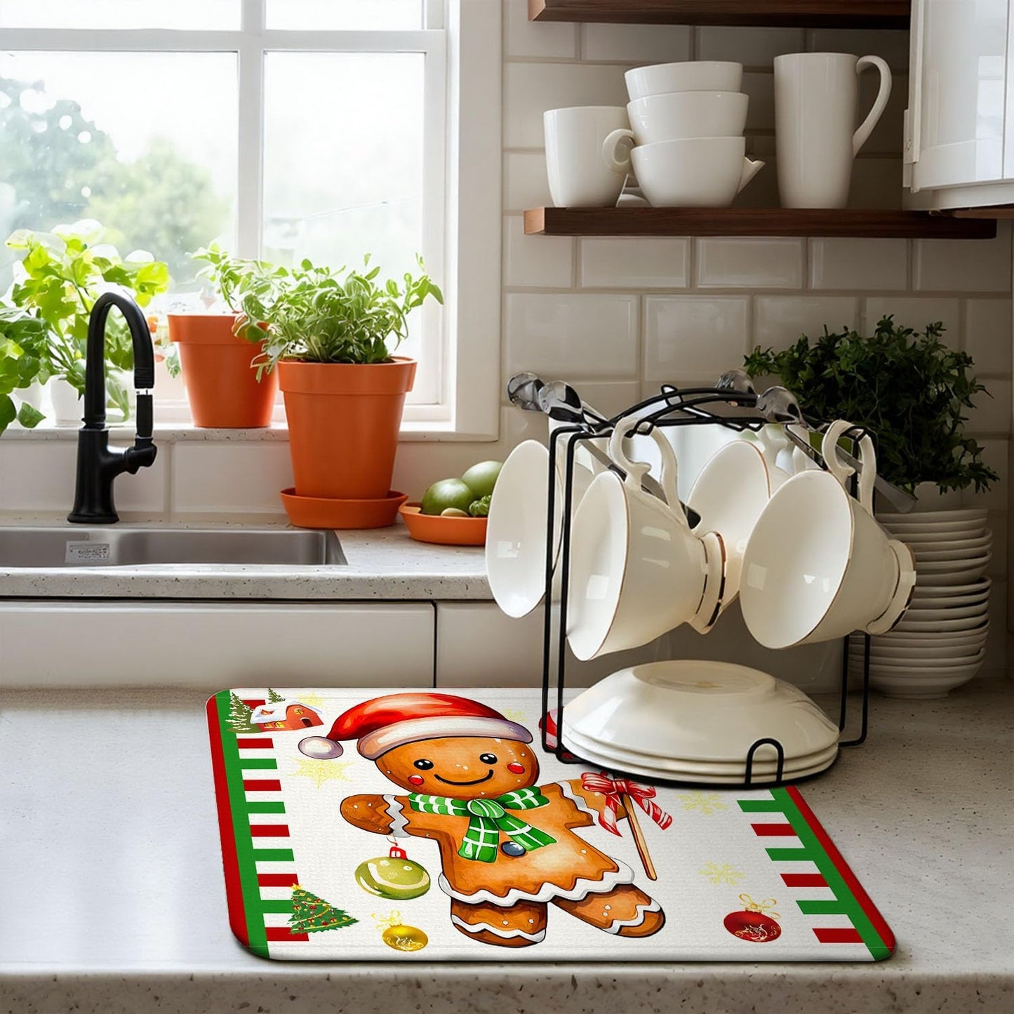 Christmas Drying Mat for Kitchen Counter 16" X 18" Gingerbread Dish Drying Mat for Kitchen Decor Gold Bells and flowers Xmas Drying Mats For Home Counter Drying Mats For Dishes Dish Mat Drying Mat