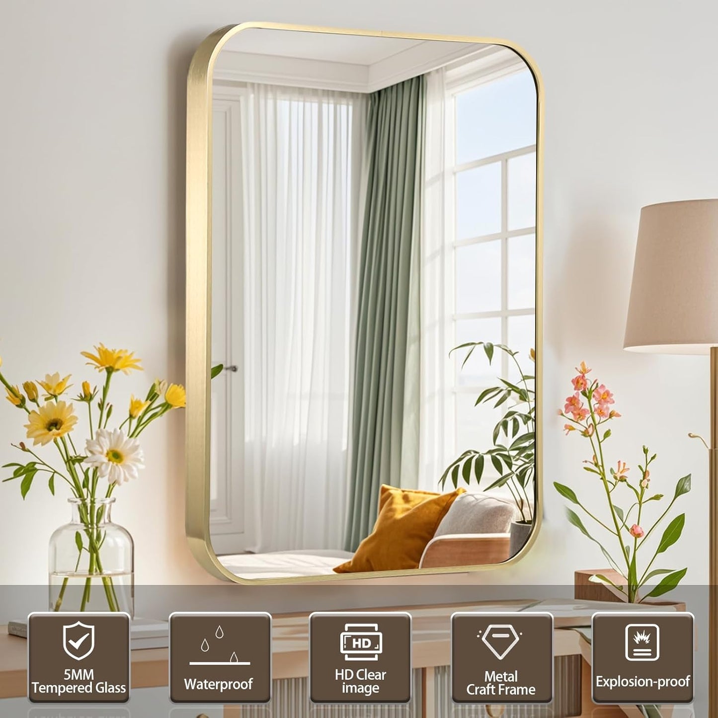Gold Bathroom Mirror, 22x30 Inch Brushed Gold Mirror, Aluminum Alloy Framed Vanity Mirror, Rounded Rectangle Mirror for Over Sink, Anti-Rust Wall Mirror (Horizontally or Vertically)