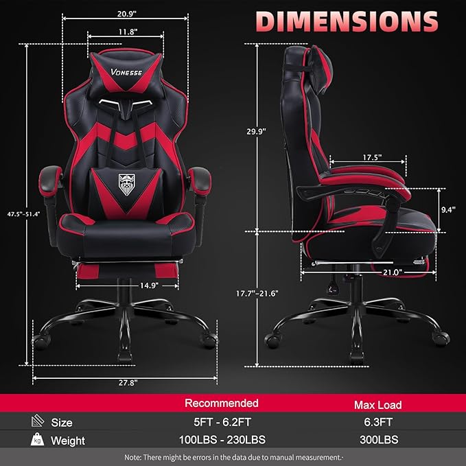 Vonesse Gaming Chair, High Back Gaming Chair with Footrest and Massage, Gaming Chairs for Adults with Pocket Spring Cushion, Big and Tall Reclining Computer Chair with Lumbar Support (Red/Black)