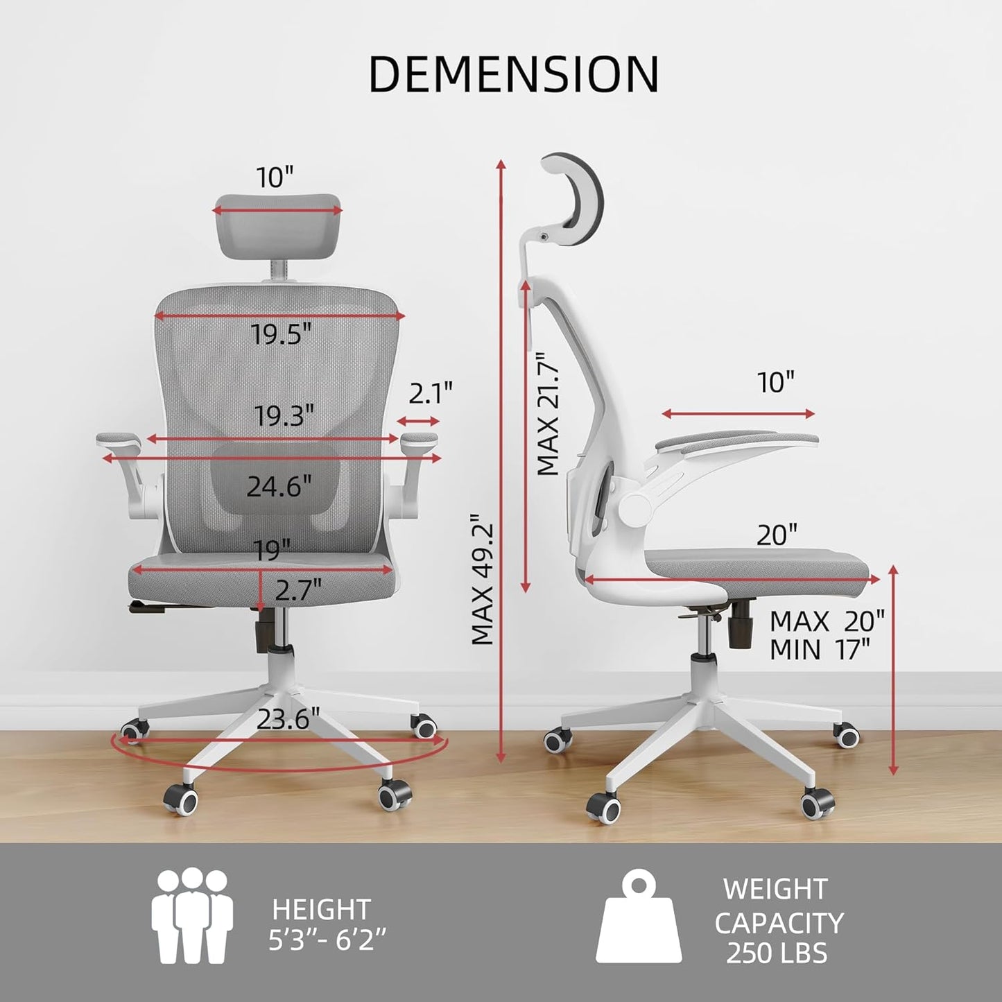 Monhey Office Chairs, Ergonomic Office Chair, Computer Chair with Adjustable Headrest, Lumbar Support, 2D Armrest, Metal Base and Iron Legs, White Frame Grey Mesh Office Chair