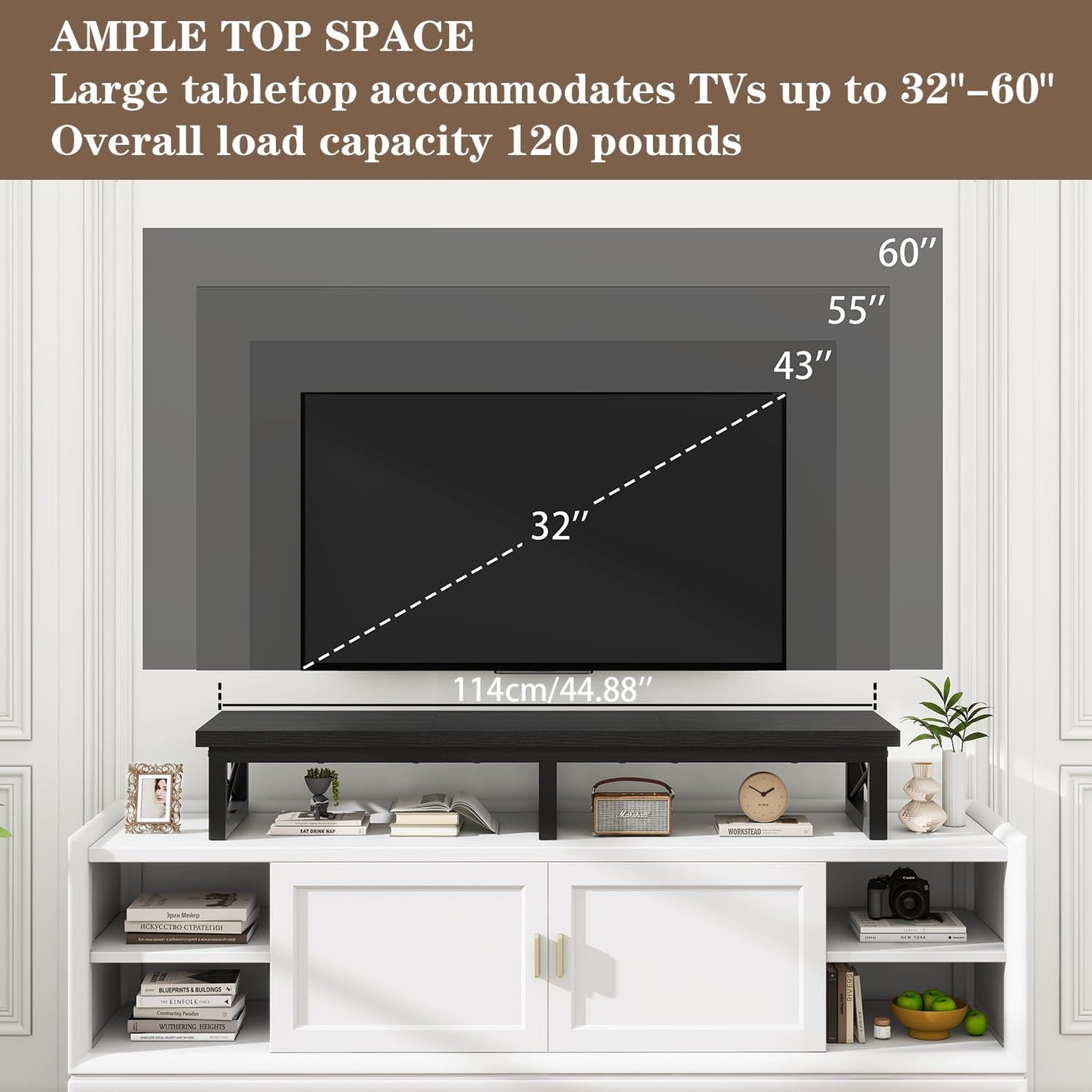 IBUYKE 45" Large TV Riser for 32-60 inch TV,Tabletop Short TV Stand with Storage and Steel Legs,Dual Screen Office Desk,Stand Riser,TV Riser Stand for Home,Bedroom,Living Room,Black TVT002B