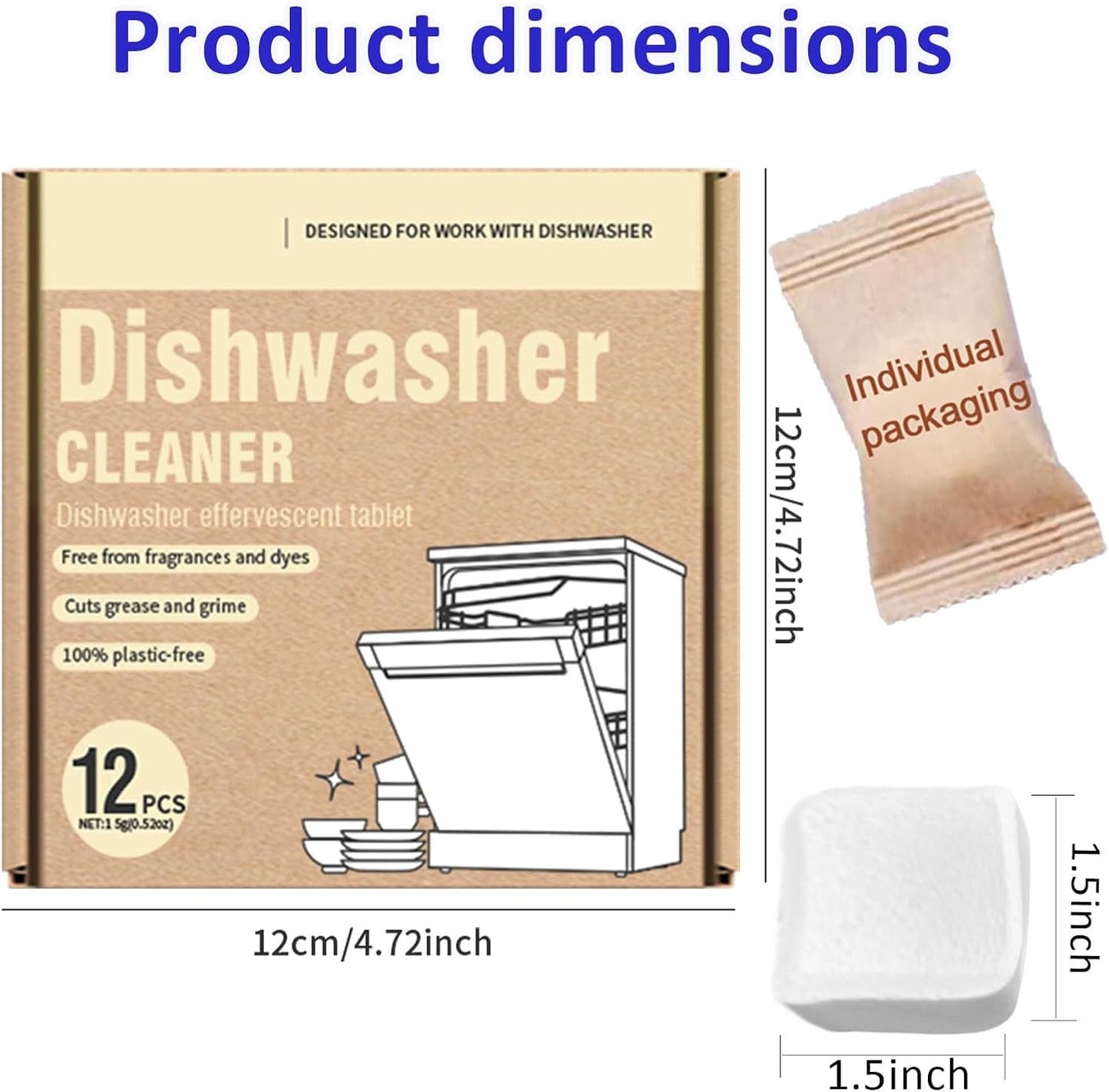 Dishwasher Cleaner Tablets, Deep Cleaning Formula, Removes Limescale & Grease,12 Count, Fragrance-Free, Plastic-Free, Effervescent Grease Cutting Formula