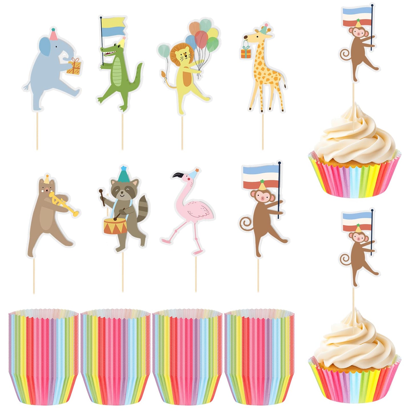 Potchen 148 Pcs Safari Cupcake Toppers and Rainbow Cupcake Liners Animal Parade Woodland Jungle Cake Decorations for Baby Shower Zoo Wild Animal Birthday Party Supplies