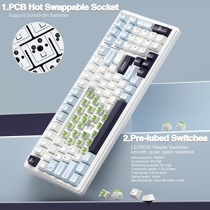AULA F99 Wireless Mechanical Keyboard, Hot Swappable Custom Keyboard,Pre-lubed Linear Switches,Gasket Structure,RGB Backlit Gaming Keyboard (Blue&White)